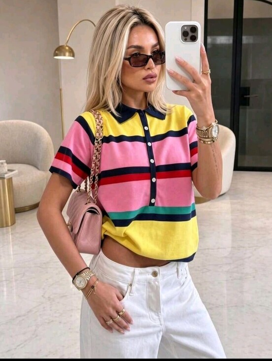 Tops - Striped Polo Knit Top in Pink and Yellow